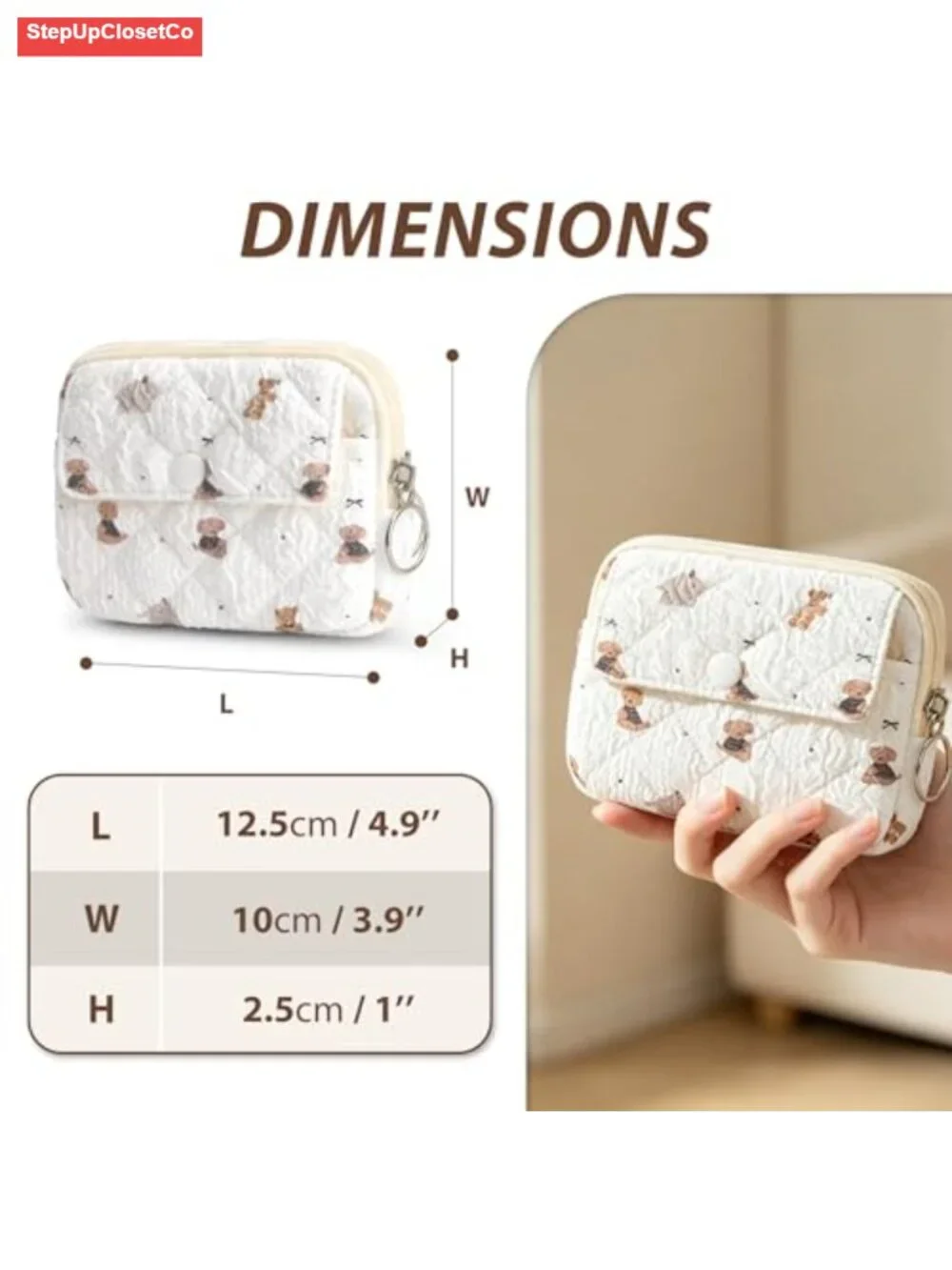 Quilted Floral Coin Purse Wallet for Women with Keychain, Compact Zipper Pouch